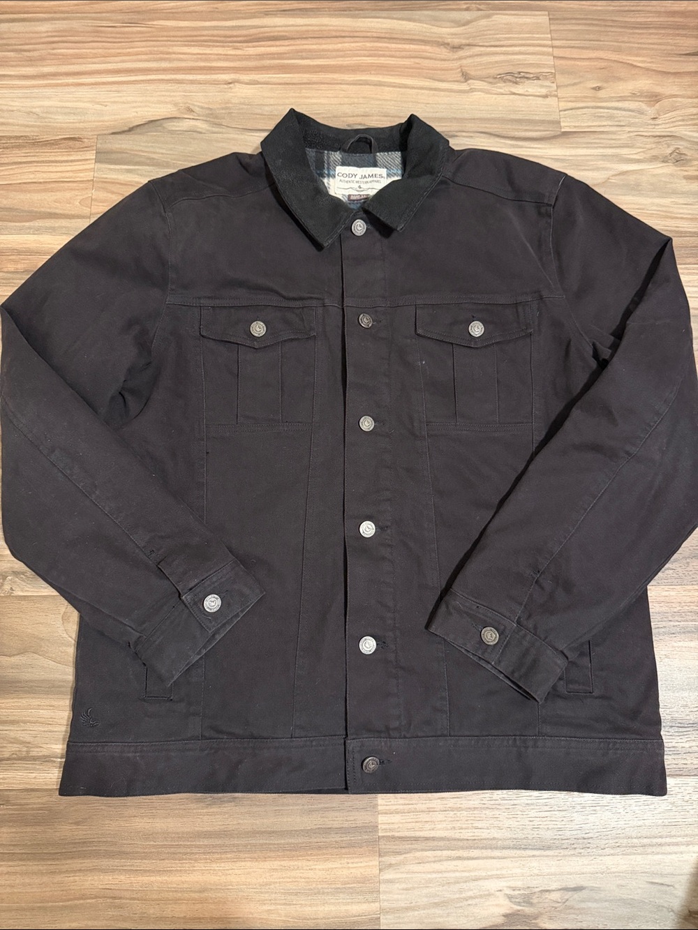 Cody James Mens XL Canvas Rancher Jacket Black Plaid Fleece Lined Leather Collar